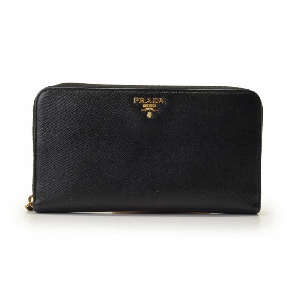 Prada round zipper long wallet Saffiano leather black